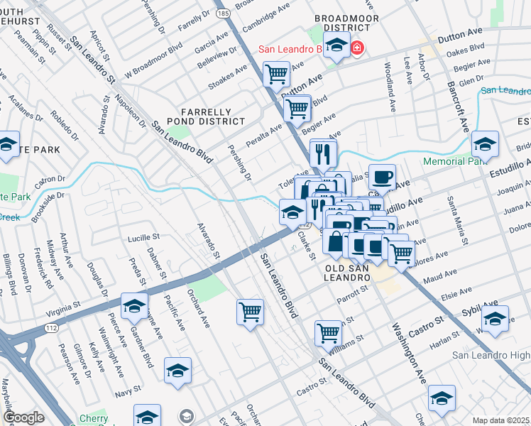 map of restaurants, bars, coffee shops, grocery stores, and more near 1100 San Leandro Boulevard in San Leandro