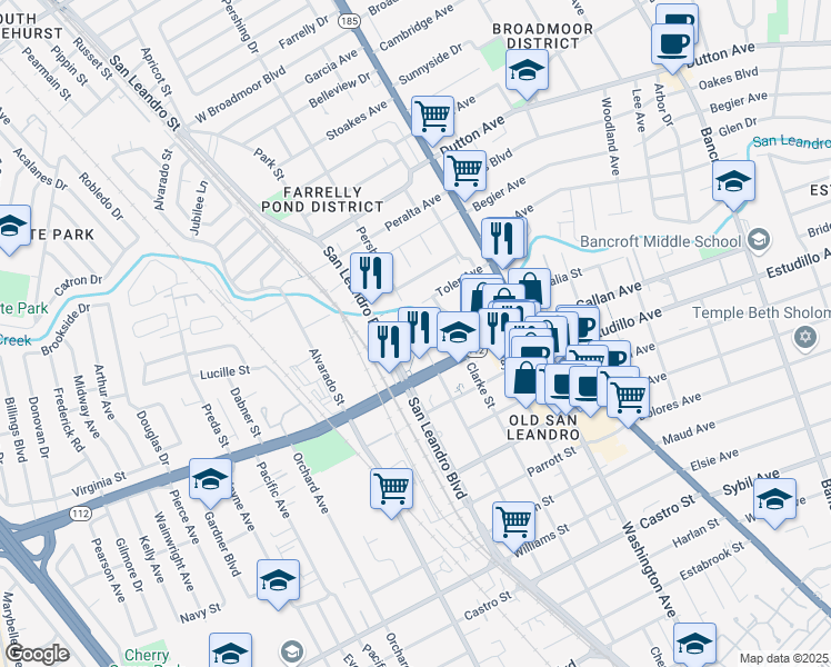map of restaurants, bars, coffee shops, grocery stores, and more near 1100 San Leandro Boulevard in San Leandro