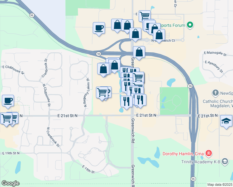 map of restaurants, bars, coffee shops, grocery stores, and more near West 22nd Circle North in Wichita