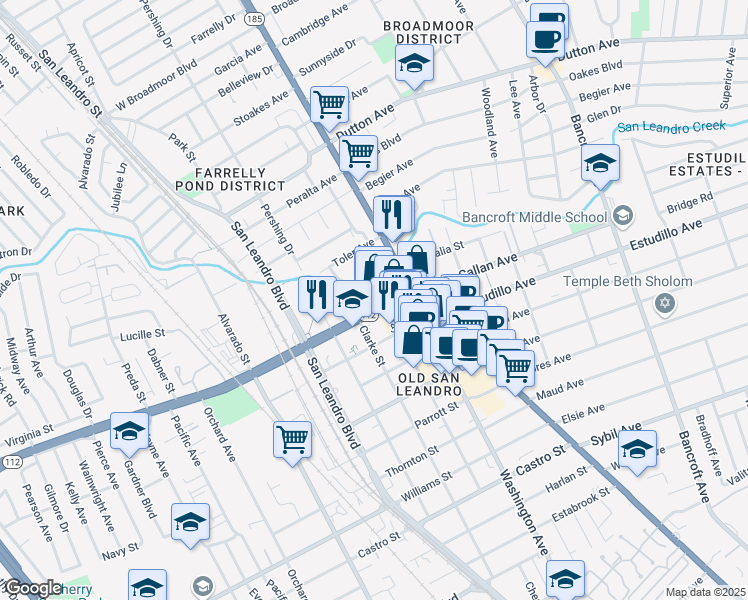 map of restaurants, bars, coffee shops, grocery stores, and more near 325 Davis Street in San Leandro