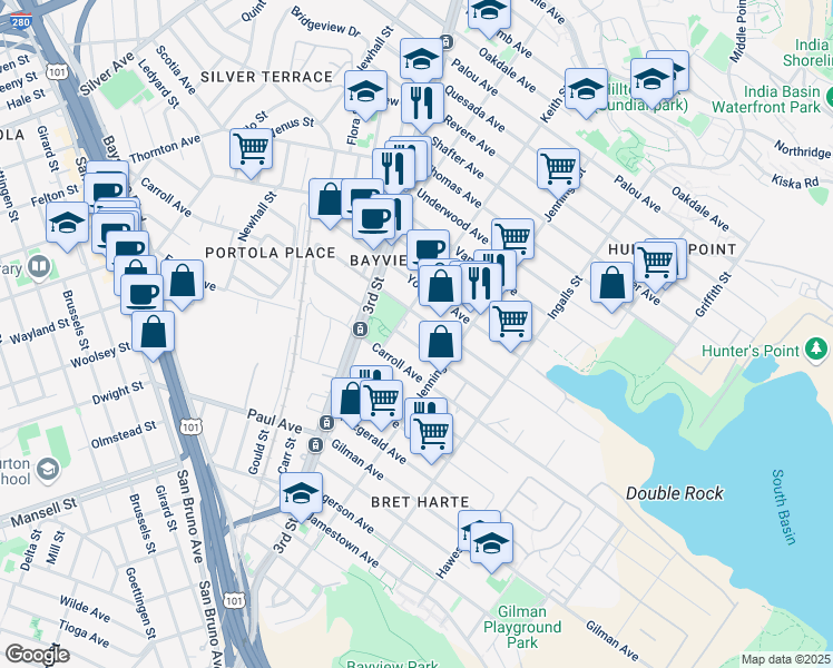 map of restaurants, bars, coffee shops, grocery stores, and more near 1575 Bancroft Avenue in San Francisco