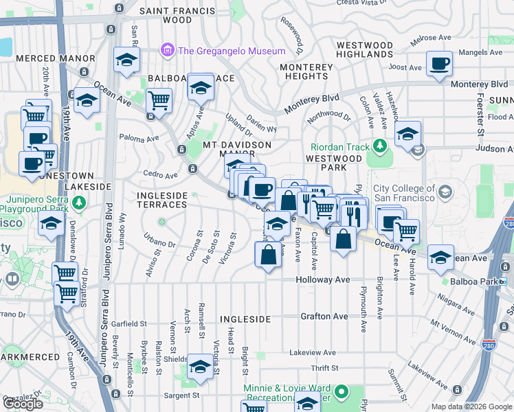 map of restaurants, bars, coffee shops, grocery stores, and more near Ocean Ave & Keystone Way in San Francisco