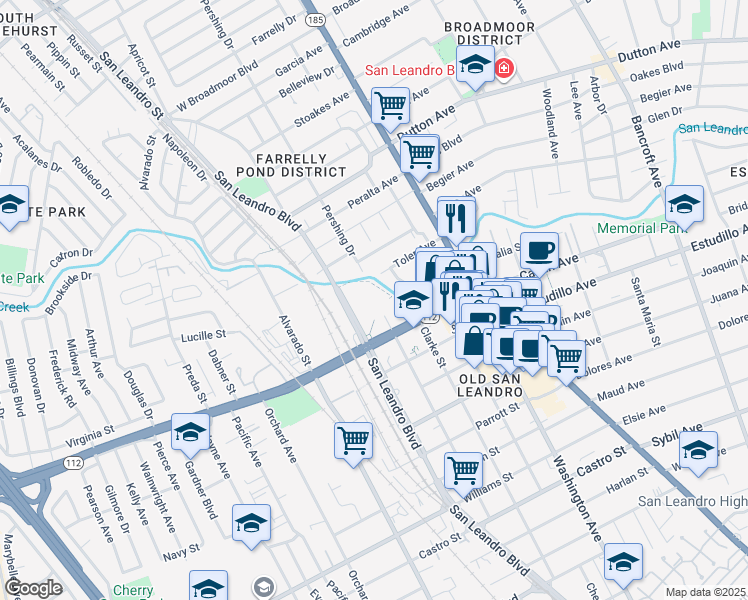 map of restaurants, bars, coffee shops, grocery stores, and more near 1100 San Leandro Boulevard in San Leandro