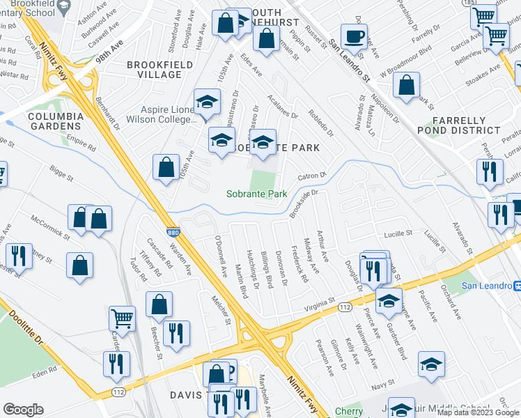 map of restaurants, bars, coffee shops, grocery stores, and more near 701 Donovan Drive in San Leandro