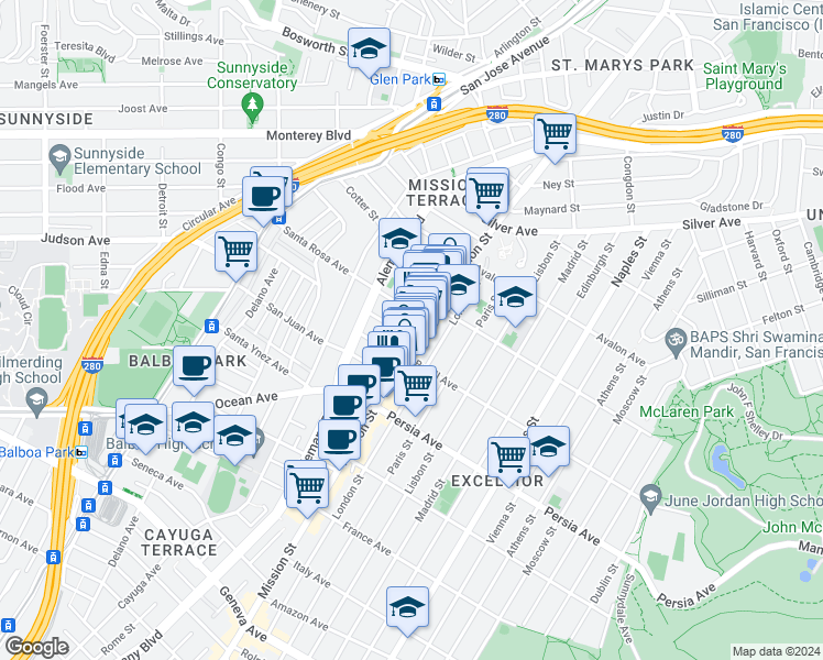 map of restaurants, bars, coffee shops, grocery stores, and more near 4581 Mission Street in San Francisco