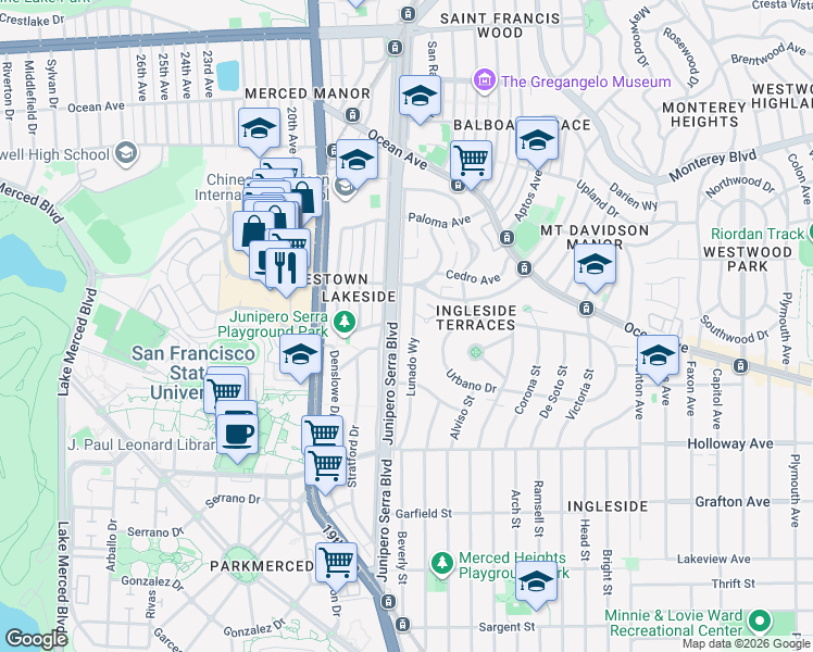 map of restaurants, bars, coffee shops, grocery stores, and more near 143 Lunado Way in San Francisco