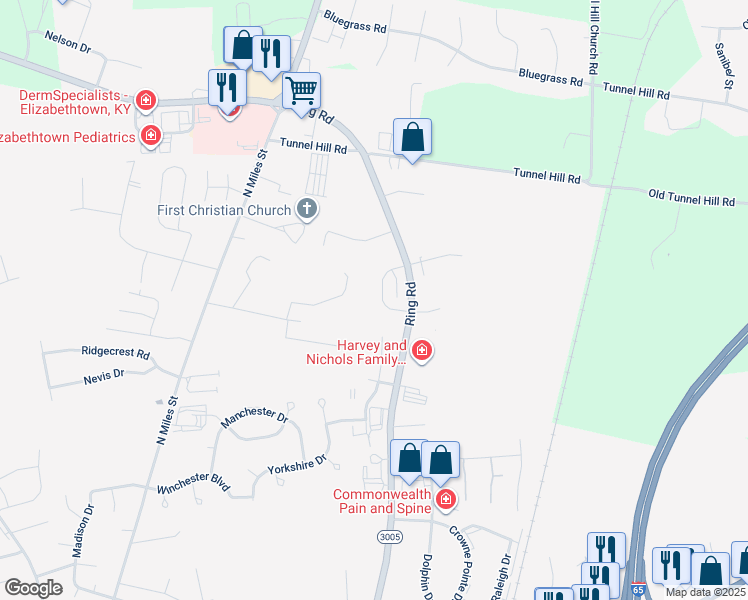 map of restaurants, bars, coffee shops, grocery stores, and more near 1306B Farmingdale Drive in Elizabethtown