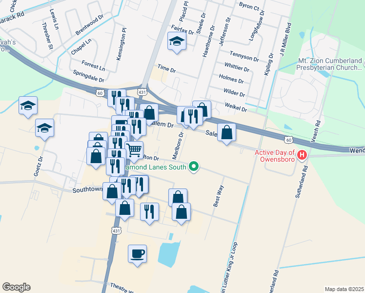 map of restaurants, bars, coffee shops, grocery stores, and more near 4625 Marlboro Drive in Owensboro