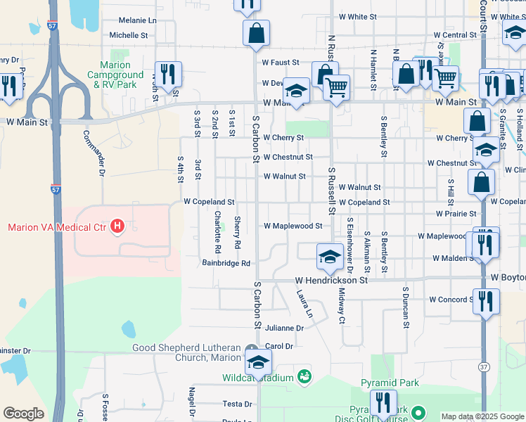 map of restaurants, bars, coffee shops, grocery stores, and more near 603 South Carbon Street in Marion