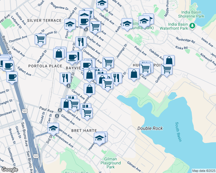 map of restaurants, bars, coffee shops, grocery stores, and more near 2240 Ingalls Street in San Francisco