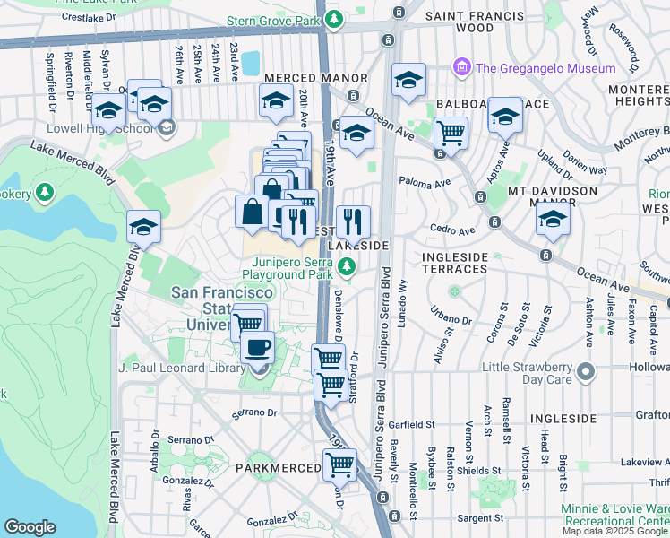 map of restaurants, bars, coffee shops, grocery stores, and more near 3404 19th Avenue in San Francisco