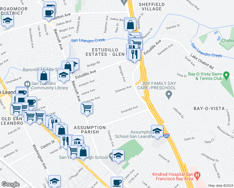 map of restaurants, bars, coffee shops, grocery stores, and more near 825 Dolores Avenue in San Leandro