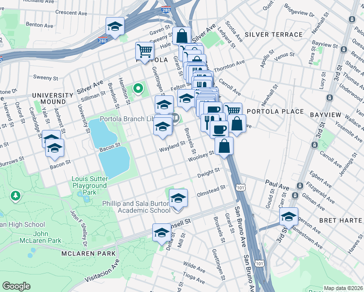 map of restaurants, bars, coffee shops, grocery stores, and more near 507 Goettingen Street in San Francisco