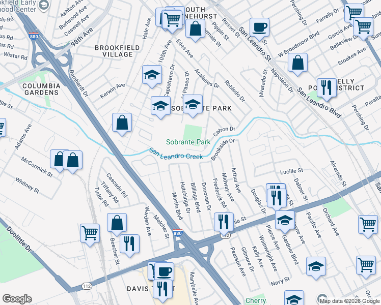 map of restaurants, bars, coffee shops, grocery stores, and more near 128 Catron Drive in Oakland