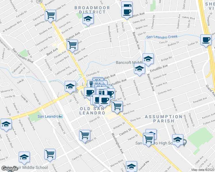 map of restaurants, bars, coffee shops, grocery stores, and more near 279 Estudillo Avenue in San Leandro