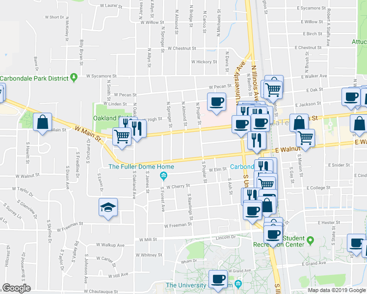 map of restaurants, bars, coffee shops, grocery stores, and more near 210 South Maple Street in Carbondale