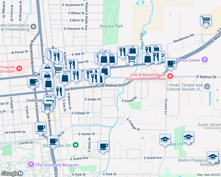 map of restaurants, bars, coffee shops, grocery stores, and more near 603A Eastgate Street in Carbondale