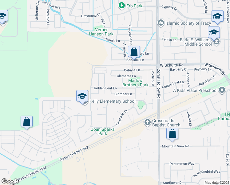 map of restaurants, bars, coffee shops, grocery stores, and more near 2341 Robert Gabriel Drive in Tracy