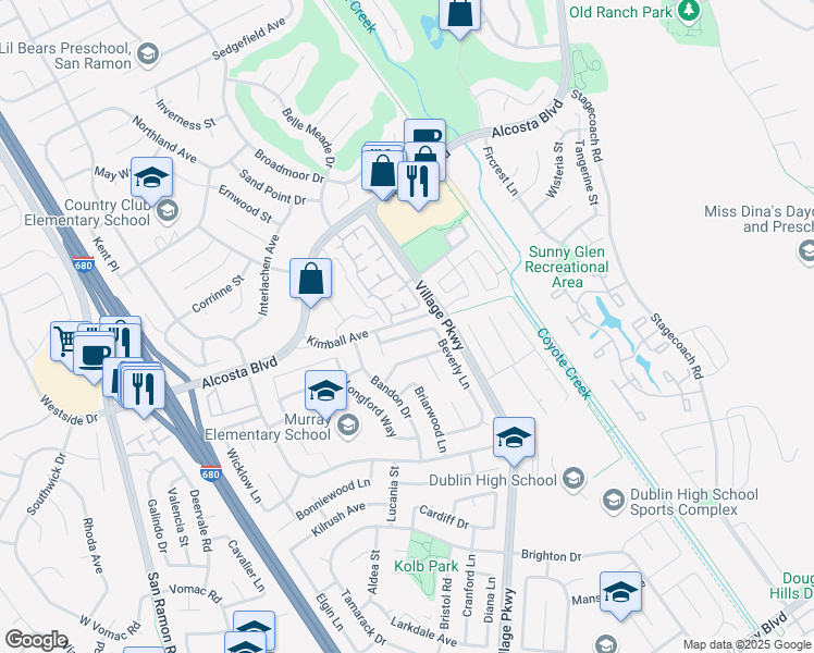 map of restaurants, bars, coffee shops, grocery stores, and more near 8640 Beverly Lane in Dublin