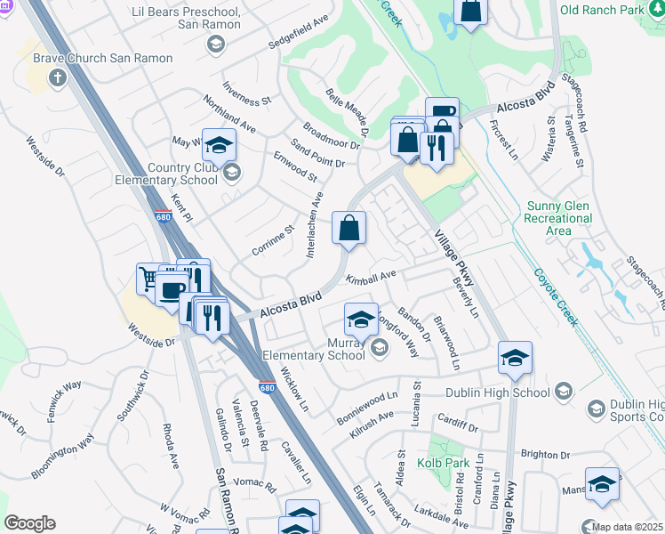 map of restaurants, bars, coffee shops, grocery stores, and more near 8998 Alcosta Boulevard in San Ramon