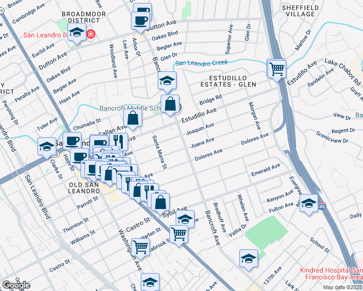 map of restaurants, bars, coffee shops, grocery stores, and more near 555 Juana Avenue in San Leandro