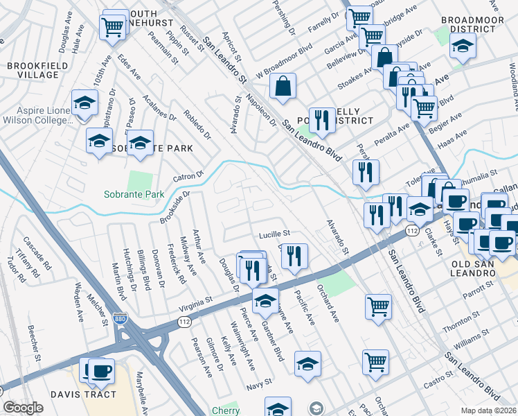 map of restaurants, bars, coffee shops, grocery stores, and more near 1118 Minerva Street in San Leandro