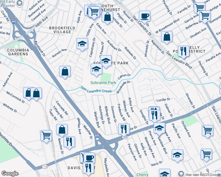 map of restaurants, bars, coffee shops, grocery stores, and more near 701 Donovan Drive in San Leandro