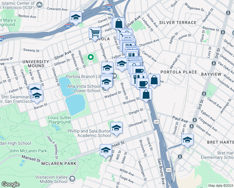 map of restaurants, bars, coffee shops, grocery stores, and more near 552 Goettingen Street in San Francisco