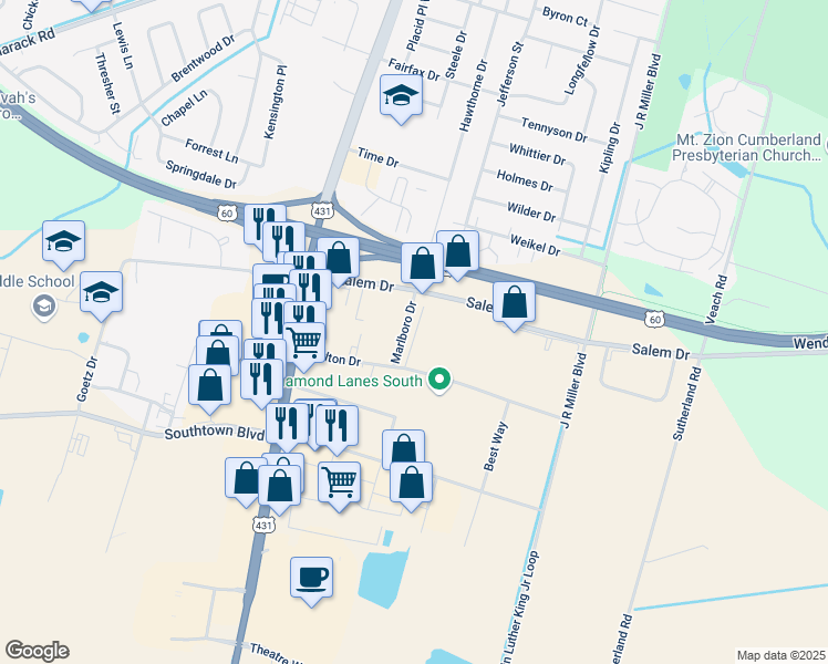 map of restaurants, bars, coffee shops, grocery stores, and more near 4625 Marlboro Drive in Owensboro