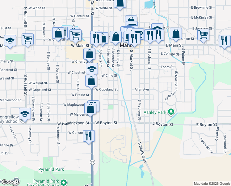 map of restaurants, bars, coffee shops, grocery stores, and more near 835-999 South Liberty Street in Marion