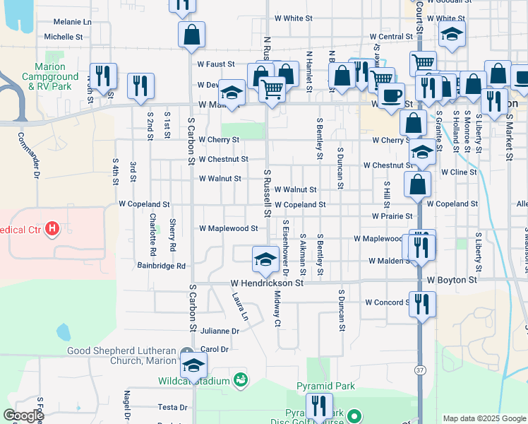 map of restaurants, bars, coffee shops, grocery stores, and more near 1502 West Maplewood Street in Marion