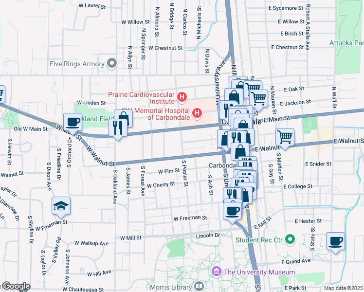 map of restaurants, bars, coffee shops, grocery stores, and more near 404 West Walnut Street in Carbondale