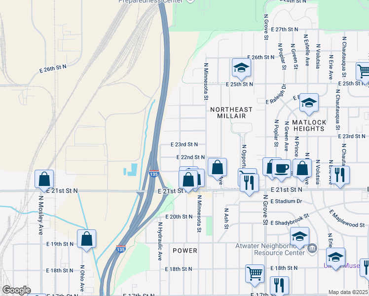 map of restaurants, bars, coffee shops, grocery stores, and more near 1804 East 22nd Street North in Wichita