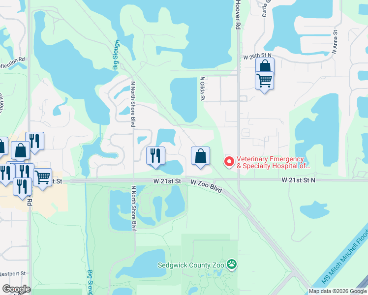 map of restaurants, bars, coffee shops, grocery stores, and more near 2265 Lakeway Circle in Wichita