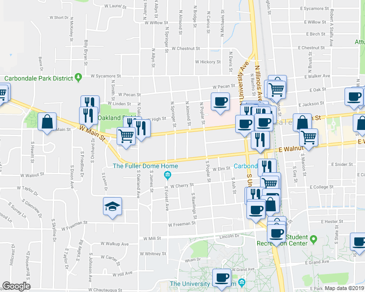 map of restaurants, bars, coffee shops, grocery stores, and more near 604 West Walnut Street in Carbondale