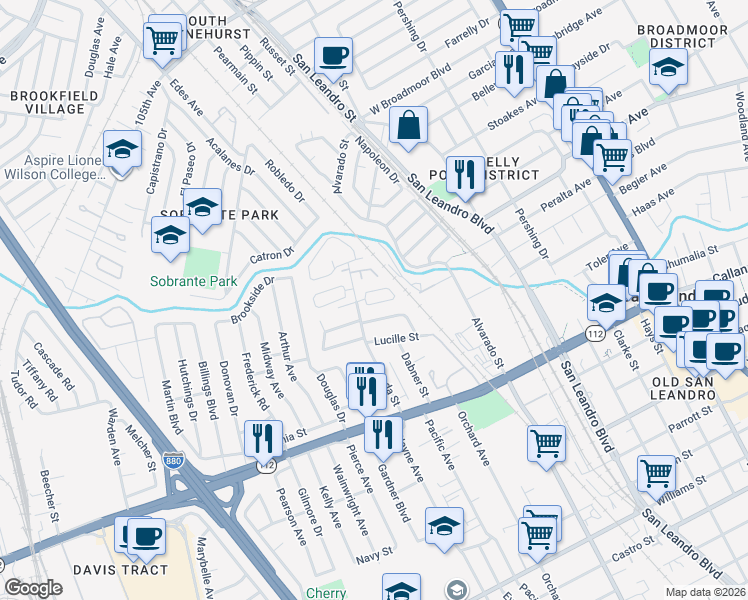 map of restaurants, bars, coffee shops, grocery stores, and more near 1118 Minerva Street in San Leandro