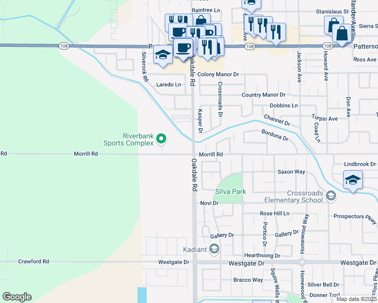 map of restaurants, bars, coffee shops, grocery stores, and more near 2173 Morrill Road in Modesto