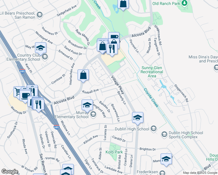 map of restaurants, bars, coffee shops, grocery stores, and more near 8640 Beverly Lane in Dublin