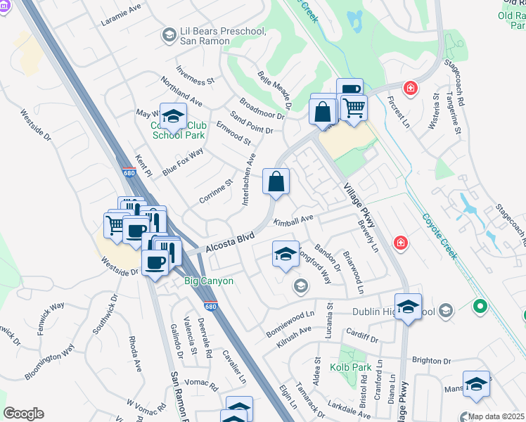 map of restaurants, bars, coffee shops, grocery stores, and more near 9005 Alcosta Boulevard in San Ramon
