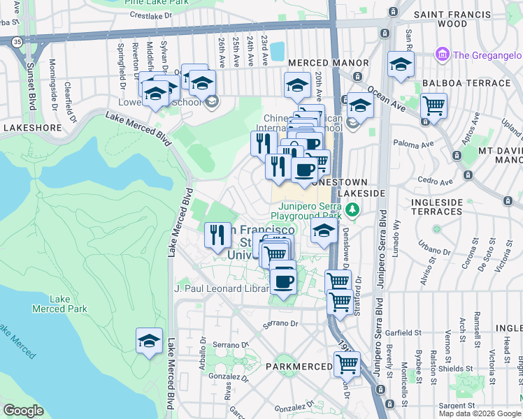 map of restaurants, bars, coffee shops, grocery stores, and more near 225 Buckingham Way in San Francisco