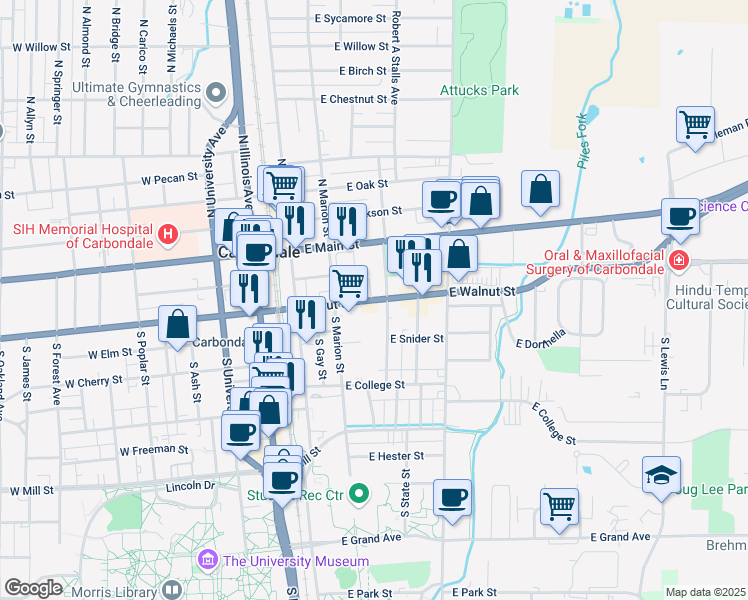 map of restaurants, bars, coffee shops, grocery stores, and more near 318 East Walnut Street in Carbondale