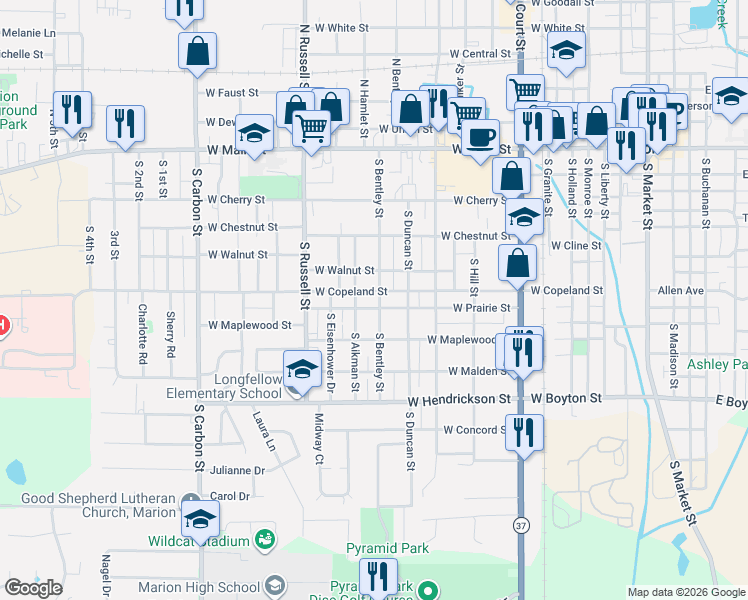 map of restaurants, bars, coffee shops, grocery stores, and more near 701-711 South Aikman Street in Marion