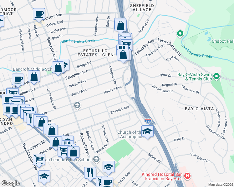 map of restaurants, bars, coffee shops, grocery stores, and more near 1659 Morgan Avenue in San Leandro