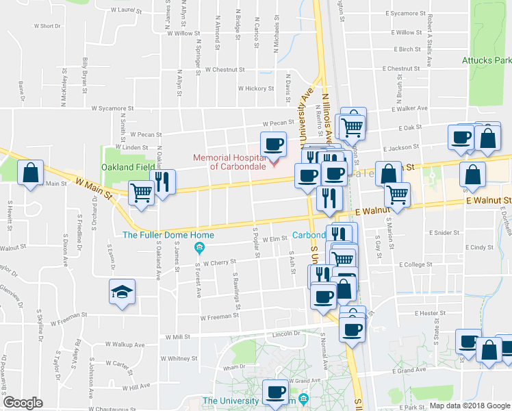 map of restaurants, bars, coffee shops, grocery stores, and more near 207 South Poplar Street in Carbondale