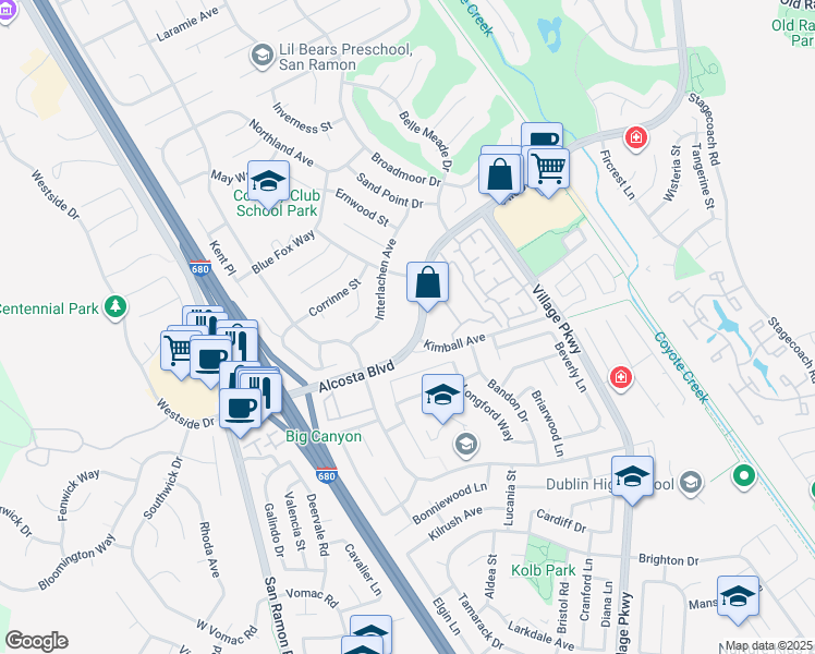 map of restaurants, bars, coffee shops, grocery stores, and more near 9005 Alcosta Boulevard in San Ramon