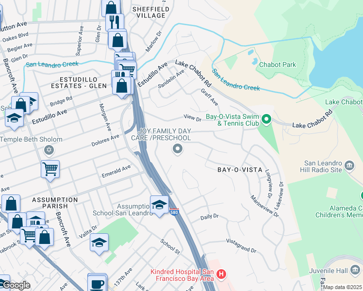 map of restaurants, bars, coffee shops, grocery stores, and more near 1447 Scenicview Drive in San Leandro