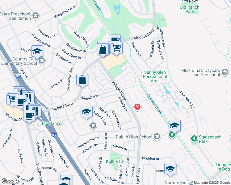 map of restaurants, bars, coffee shops, grocery stores, and more near 8629 Beverly Lane in Dublin
