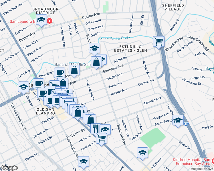 map of restaurants, bars, coffee shops, grocery stores, and more near 1550 Bancroft Avenue in San Leandro