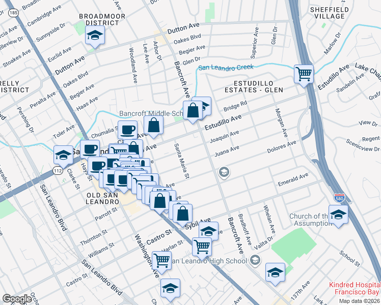 map of restaurants, bars, coffee shops, grocery stores, and more near 555 Juana Avenue in San Leandro