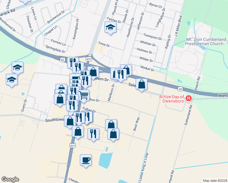 map of restaurants, bars, coffee shops, grocery stores, and more near 4625 Marlboro Drive in Owensboro